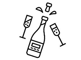 line drawing of toasting goblets and a champagne bottle